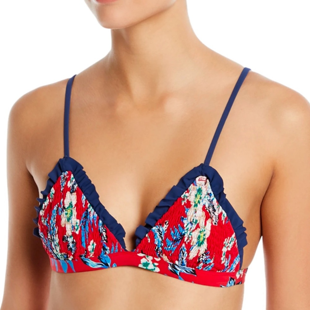 NWT DIANE VON FURSTENBERG SMOCKED BIKINI RUFFLE BANDED TRIANGLE TOP. Size: L